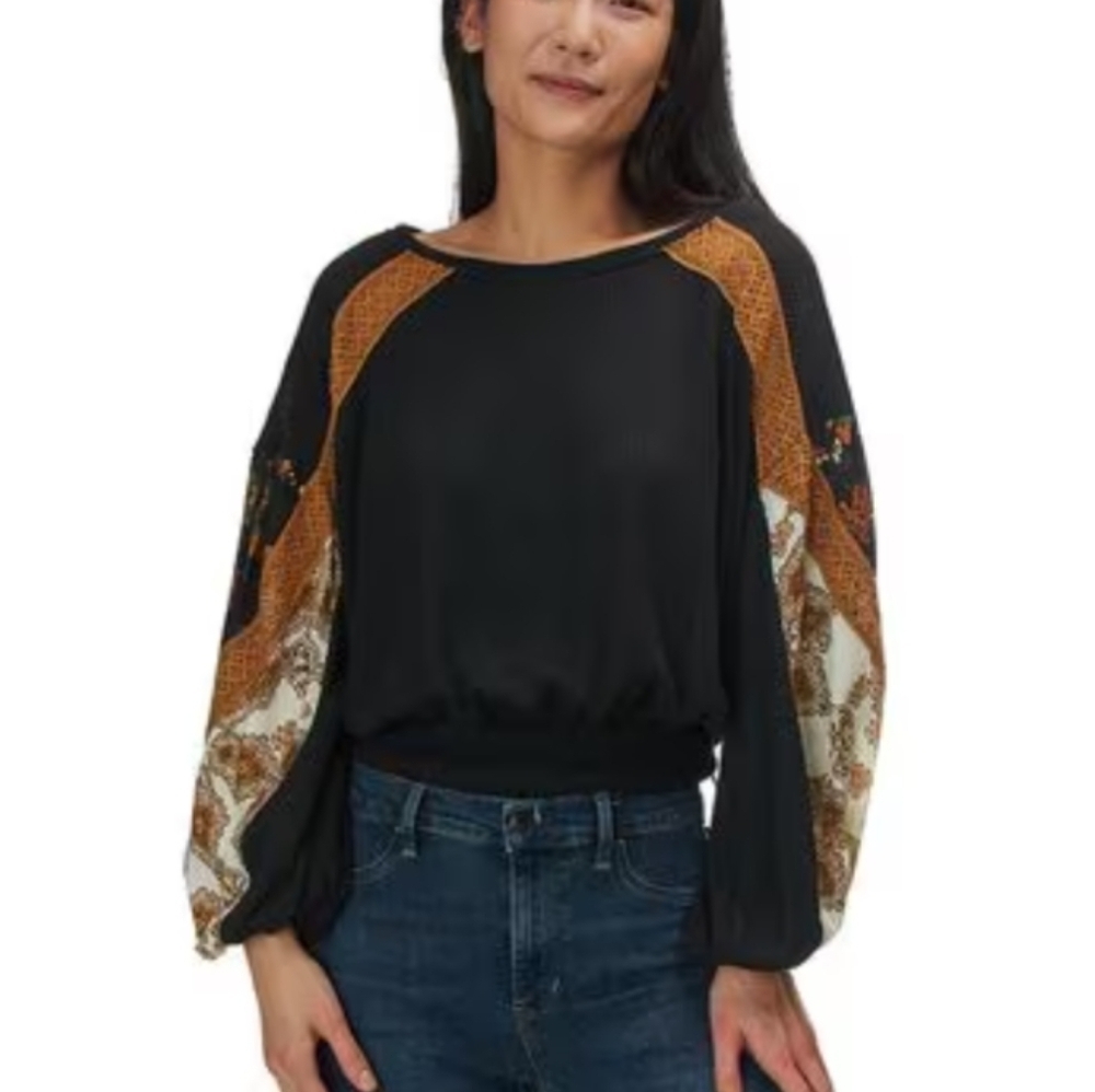 Free People Casual Clash Top Size Small Lace Floral Balloon Termal Boho Prairie